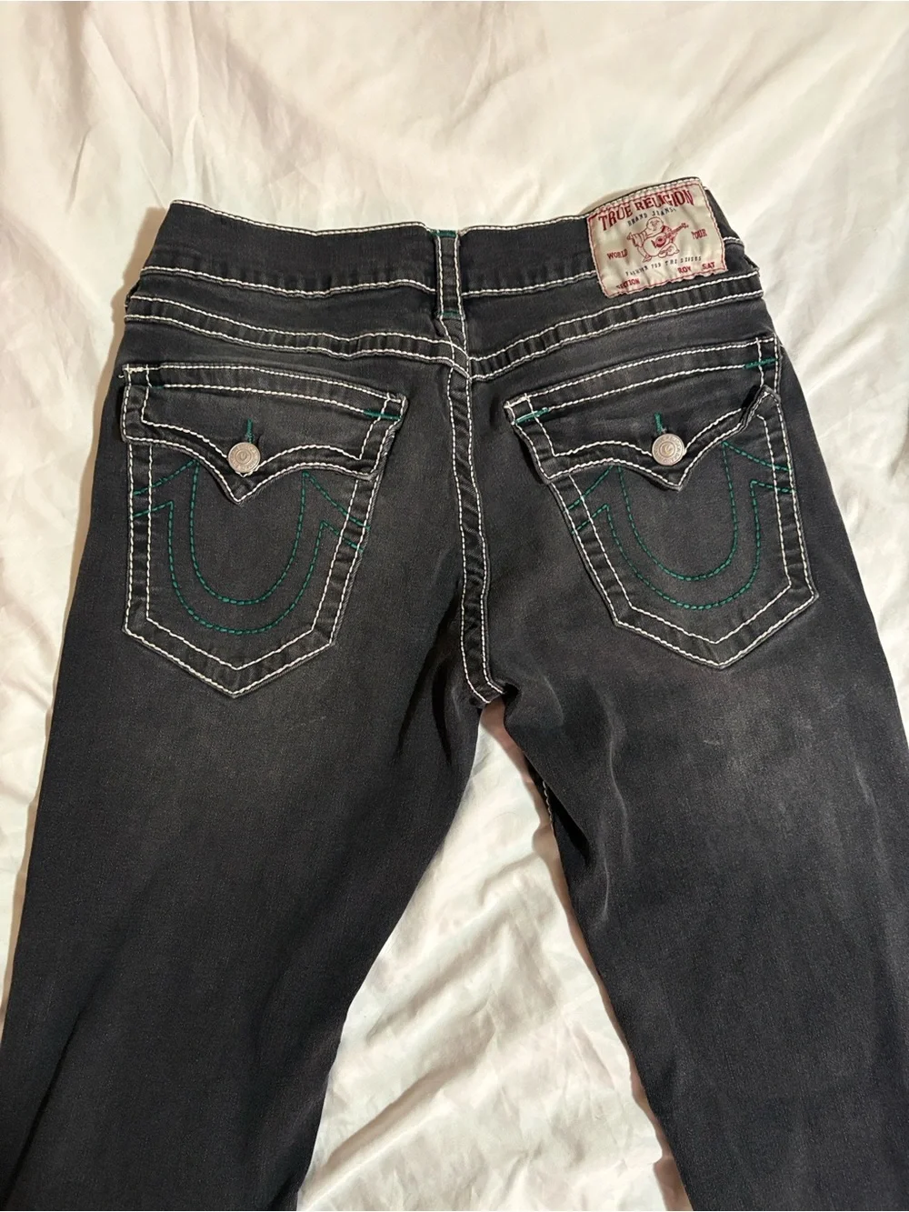 True Religion Men's Black Relaxed Jeans with Green Stitching